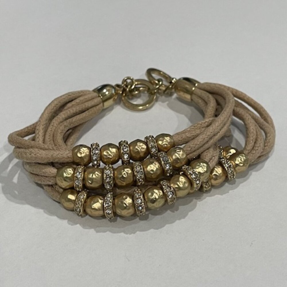 Multi-Strand Bracelet with Beige Cords, Gold Tone Beads, Rhinestones w/ Toggle